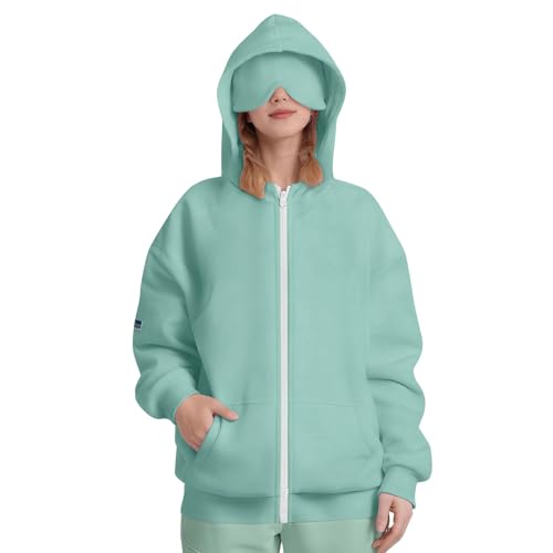 DDAPJ pyju Girls Zip Up Hoodie Sweatshirts Cute Travel Hoodies Casual Long Sleeve Jackets with Pockets & Eye Mask 4-14 Years2