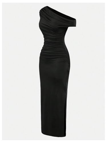 Floerns Girl's Ruched Asymmetrical Neck Short Sleeve Prom Party Bodycon Long Dress3