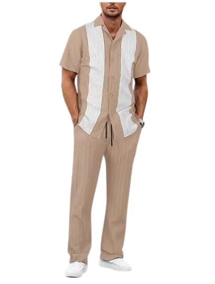 Men’s Premium Beige & White Vertical Panel Co-Ord Set – Short Sleeve Button-Down Shirt with Relaxed Fit Trousers | Stylish Casual, Vacation & Smart Casual Wear