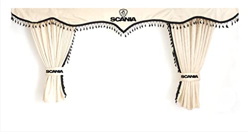 Juego completo de cortinas de dormitorio para camión con pompones negros y ganchos. Con logotipo de SCANIA BEIGE Cover