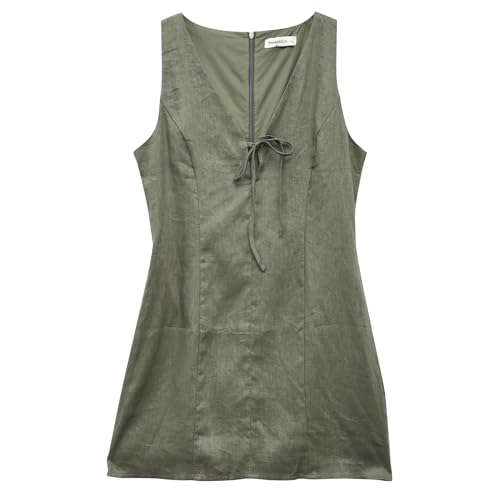 Image of Amazhiyu Womens 100% Linen Summer V Neck Tie Front Sleeveless Mini Tank Dress