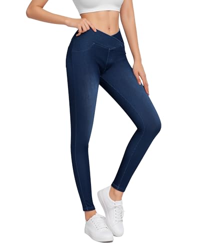 CLOZOZ High Waisted Women Jeans Crossover Jeggings for Women Trendy Leggings with Pocket Denim Pants Casual Pull On Jeans
