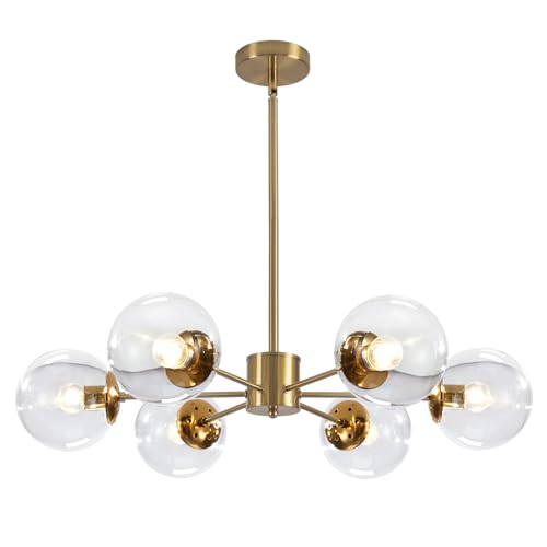 KCO Lighting Moderno Lampadario Sputnik a 6 luci con globo in vetro trasparente Mid Century Lampada a sospensione regolabile in ottone dorato Apparecchio da incasso