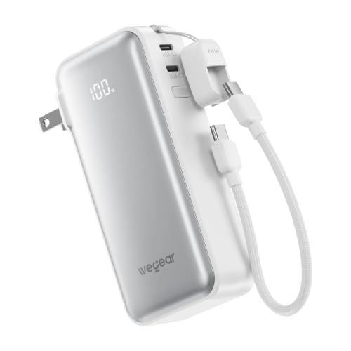 wegear 10,000mAh 30W 3-in-1 Power Bank w/ Built-In Wall Plug & USB-C Lanyard (Silver) - image 1