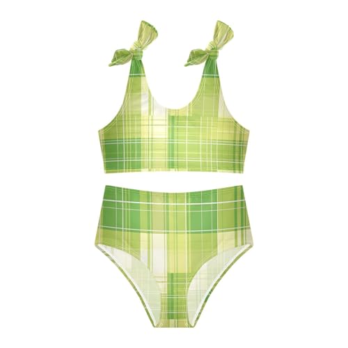 KLL Green Plaid Girls' Two Piece Bikini Set Scoop Neck Swimsuit Swimwear Adjustable Shoulder Strap3