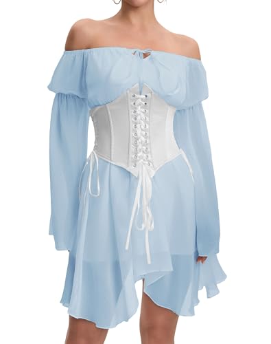 Image of Womens Corset Dress Off Shoulder Bell Sleeve Casual Party Pirate Fairy Dress Set