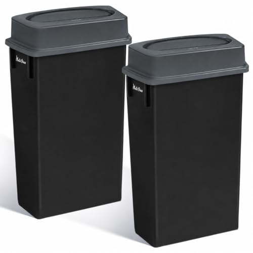 Image of PLASTIC PRINCE 23 Gallon Slim Trash Can with Swing Lid Commercial Rectangular Garbage Can with Drop Shot Lid Waste Bin with Double Flip Top for Restaurant Home Kitchen Office, Black /Gray 2 Pack