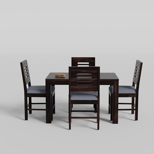 Image of 45 Inches Length Solid Sheesham Wood Dining Table Set of 4 | Wooden 4 Seater Dining Table with 4 Cushions Chairs | Dinner Table Four Seater for Living, Hotel & Cafe| Walnut Finish
