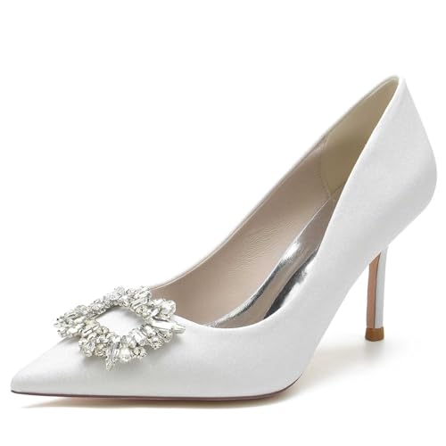 Women's Wedding High Heels Closed Toe Satin Rhinestone Kitten Heels,Pointed Toe Head Slip On Pumps High Heeled Prom Dress Shoes