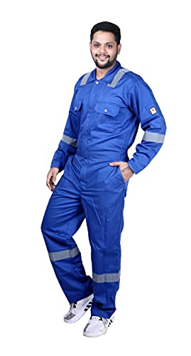 Image of Men's 100% Cotton Pyrovatex Fire Retardant Industrial Coveralls (Boiler Suit) with Reflective Tape 240 GSM. Color Royal Blue, Size 5XL - 50