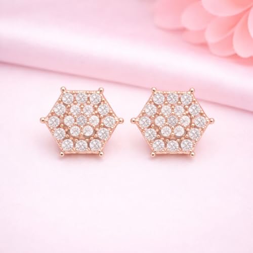 Image of Nilu's Collection Rose Gold Plated Triangular Design Pearl Stud Earrings With American Diamond for Women And Girls | Gift For Her | Anti- Allergy |Anti-Tarnish | Office Wear