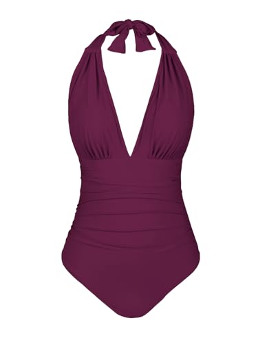Image of CUPSHE Women Deep V Neck One Piece Halter Swimsuit | Backless,Ruched,Tummy Control,Soft Removable Cups,Flattering Bathing Suit For Vacation And Beach