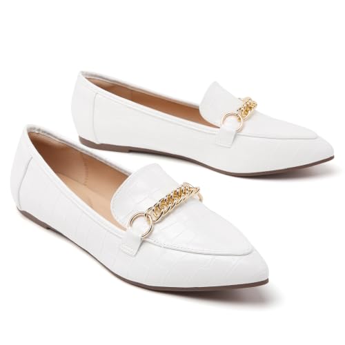 Image of Tilocow Metal Chain Loafers for Women Pointed Toe Slip on Flats Comfortable Fashion Work Shoes