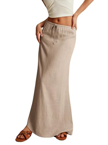 EARKOHA 2025 Women's Summer Maxi Skirt Drawstring Low Waist A Line Linen Long Flowy Skirts Khaki M