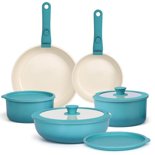 GiPP 11-Teiliges Pfannen Set Topfset mit Abnehmbarer Griff, Pfanne Set mit Keramik Antihaft Beschichtet, Stapelbar Kochtopf Set, Mobiles Kochgeschirr für Alle Herdarten Ofenfest (Blauverlauf)