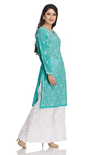 Image of Ada Lucknow Chikankari Hand Embroidered Faux Georgette Kurta Kurti Tunic Dress for Women A95504