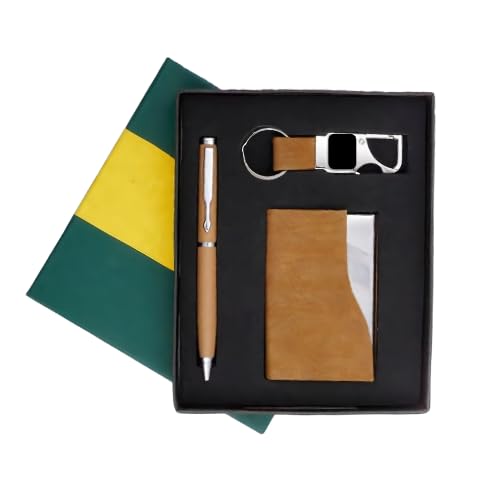 Image of 3 in 1 Personalized Keychain with Pen & Cardcase Combo Gift Set | Custom Name Engraved Leather Notebook with Premium Metal Pen | Ideal for Office, Corporate & Personal Gifting (Tan)