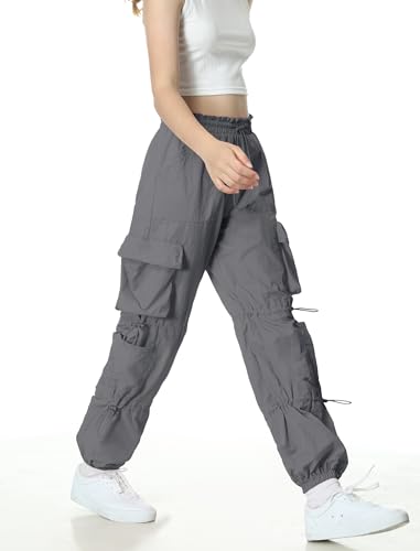 Image of EXARUS Girls Parachute Pants Cargo Hip Hop Wide Leg Baggy Y2K Teen | Tween Casual School Dance Streetwear with Pockets Elastic Waist Youth Junior Kids Bottoms Hiking 8-14Y