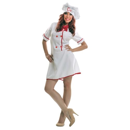 My Other Me   Disfraz Cocinera Mujer, talla M L. Incluye gorro blanco con bordado de Chef en rojo, vestido con botones y ribetes rojos y pañuelo a juego. Para destacar en la cocina.