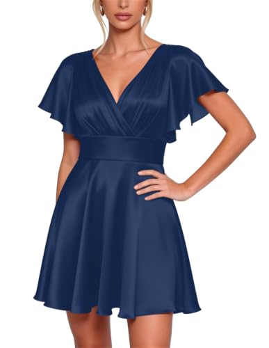 Robe de bal courte en satin bleu marine taille 44 vêtement cocktail