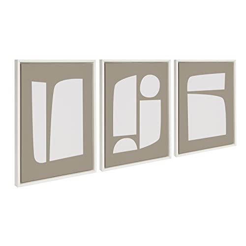 Kate and Laurel Sylvie Neutral Abstract Aztec Shapes Framed Canvas Wall Art Set by The Creative Bunch Studio; 3 Piece Set White; Modern Geometric Simple Art for Wall
