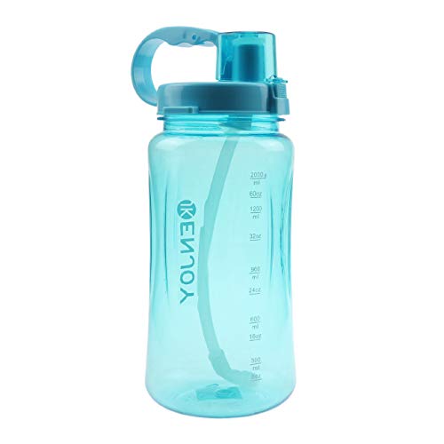 Lonni 2L Sports Water Bottles, Portable Wide Mouth Big Plastic Bottle Leakproof Space Cup Travel Mugs with Scale,Straw,Strap for Summer Outdoor Sports (Blue)