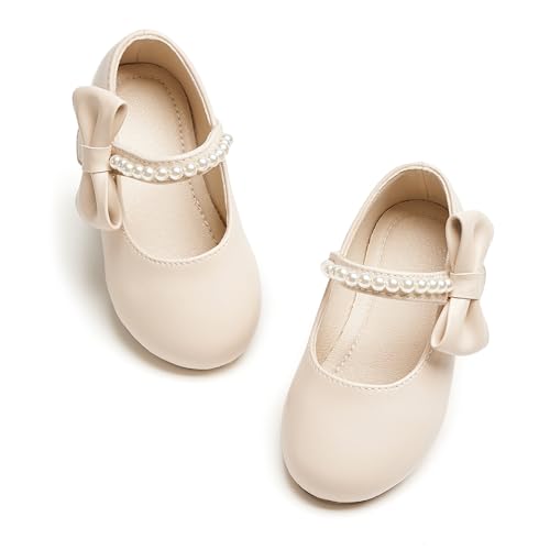 PHIRAMIN Toddler Flower Girl Beige Dress Shoes Size 8 - Little Girl Pearl Ballet Flats for Wedding