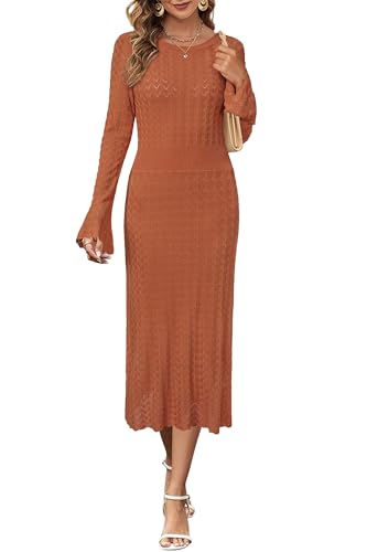 Image of Newshows Women's Hollow Slim Summer Fall Church Work Casual Sweater Dress | Machine Washable Knit Sweater Fabric, Hollow Design, Bell Sleeve, Business Casual, Church Teacher Outfits, Modest Dress