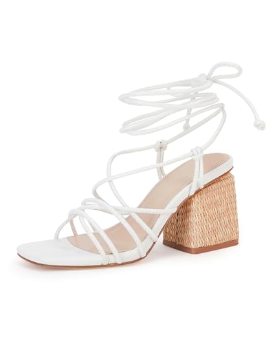 Image of PiePieBuy Women's Lace Up Chunky Braided Heel Sandals Square Toe Strappy Ankle Strap Heels