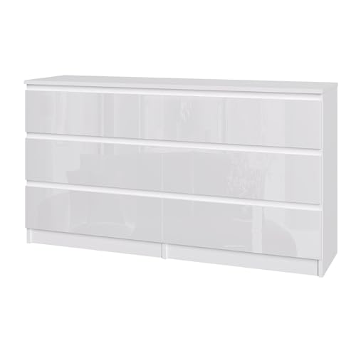 Panana High Gloss Fronts and Matte Sides Chest of Drawer 3/4/5/6 Drawers Wooden Dresser No Handle Sleek Design Bedside Table Storage Cabinet for Bedroom Living room Furniture (White 6 Drawers)