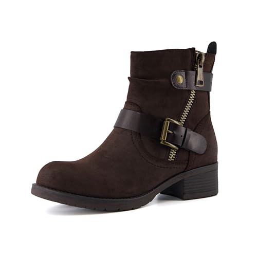 Image of Dunes Max Motorcycle Womens Ankle Boots - Comfortable Booties for Women with Zipper & Buckle, Combat Boots Style, Memory Foam, Wide Width Options