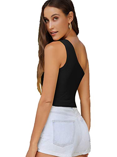 Verdusa Women's Sexy One Shoulder Sleeveless Ribbed Crop Top Black M #TOP1