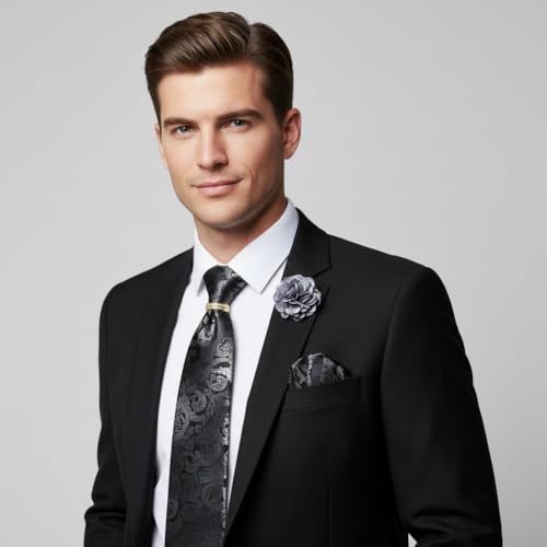 Image of 5PCS Mens Premium Silk Tie, Pocket Square, Cufflinks, Drilled Tie Ring and Lapel Pin Set for Wedding Groom Party