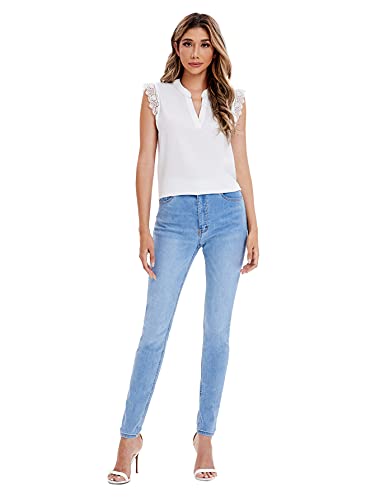 Milumia Women's Elegant Notch V Neck Sleeveless Blouse Guipure Lace Work Office Solid Top White Plain Small #TOP5