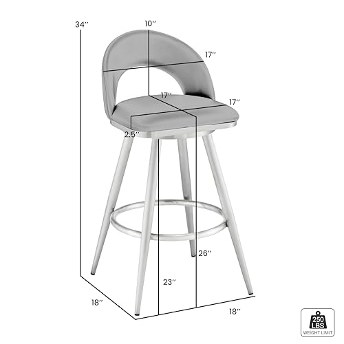 Armen Living Charlotte Swivel Counter Stool in Brushed Stainless Steel with White Faux Leather