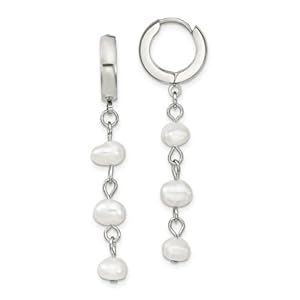 Stainless Steel Polished with Freshwater Cultured Pearl Dangle Hinged Hoop Earrings (L- 1.68 Inch, W-0.24 Inch)