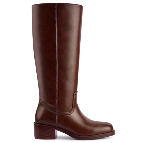 Image of Gothictor Women's Banana Knee High Boots Square Toe Chunky Block Heel Comfortable Low Heel Pull on Wide Calf Riding Long Boots for Women