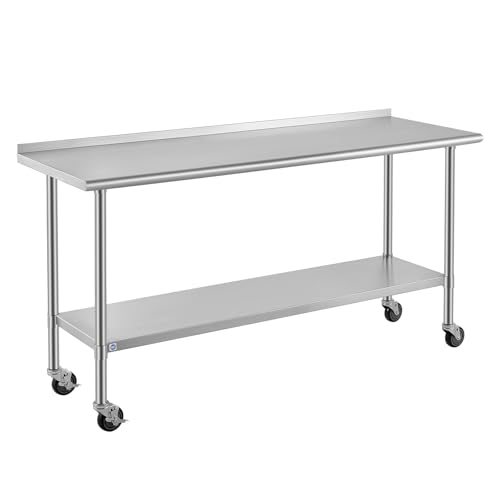 Image of ROCKPOINT All Stainless Steel Prep Table with Caster & Backsplash 24x72 Inch,Commercial Heavy Duty Workbench with Stainless Legs & Adjustable Undershelf,890 lb Capacity for Outdoor Kitchens with Wheel