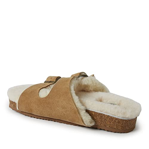 Dearfoams womens Fireside Tamworth Shearling Slide Sandal With Cork Footbed and Adjustable Buckles4