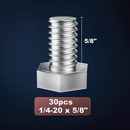 Image of 1 /4-20 x 5 /8 inch (5 /8 to 5 inch Optional) Hex Head Screw Bolt, Stainless Steel 18-8(304), Fully Threaded,30pcs