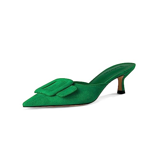 Image of Fericzot Mule Slippers for Women,Slingback Buckle Pumps Pointed Toe Kitten Heels Shoes Slides Backless Dress Sandals
