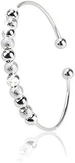 925 Sterling Silver Bead Women Jewelry Cuff Bracelet Silver Bead Spinner Anxiety Freely Unzip Tools Adjustable Women Ladies Girl Wife Mother Teacher Bangles for Birthday Valentine Graduation Gift