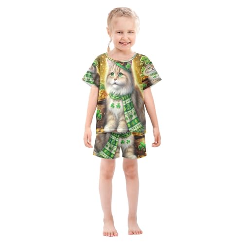Cat St Patricks Gold Coins Pajama Set Short Sleeve Pajamas Shorts Sets Cotton Soft Loungewear Sleepwear 5Y3