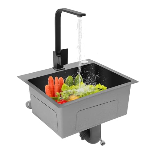 AOAPUMM Fregadero de cocina empotrable de acero inoxidable, 40 x 45 cm, color negro, giratorio 360°, para bajo encimera (fregadero + grifo + dispensador de jabón, negro)