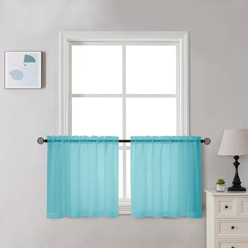 Image of Chyhomenyc Sheer Aqua Tier Curtains 24 Inch Length Set, Small Window Kitchen Curtains for Bathroom Living Room Basement, Farmhouse Short Voile Curtain 42Wx24L, Rod Pocket, 2 PCS