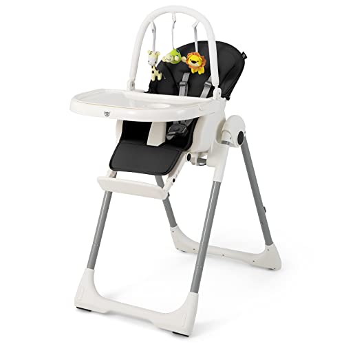 COSTWAY Adjustable Baby Highchair for Babies and Toddlers, Foldable Reclining Infants High Chair with Removable Double Trays, Toy Bar, PU Cushion and Lockable Wheels (Black)