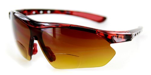 Daredevil Fashion Bifocal Sunglasses with Wrap-Around Sports Design and Anti-Glare Coating for Youthful and Active Men (Tortoise + Red w/Amber +1.00)