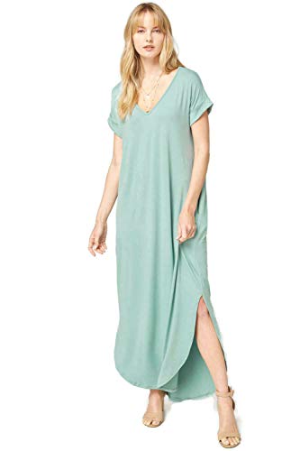 Entro Women s V Neck Short Sleeve Pocket Maxi Dress (Large, Seafoam)