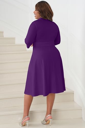 Image of Nmoder Casual Dresses for Women Semi Formal Fit and Flare 3 /4 Sleeve V Neck Cocktail Church Midi Dress with Pockets