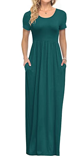 Image of AUSELILY Women's Summer Short Sleeve Loose Plain Casual Long Maxi Dresses | Year Round wear solid floral print, Casual wear, Empire waist, Floor length, Side pockets